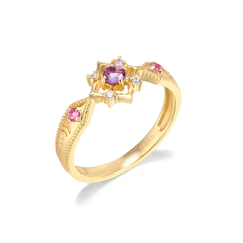 S925 Sterling Silver Amethyst Diamond Ring