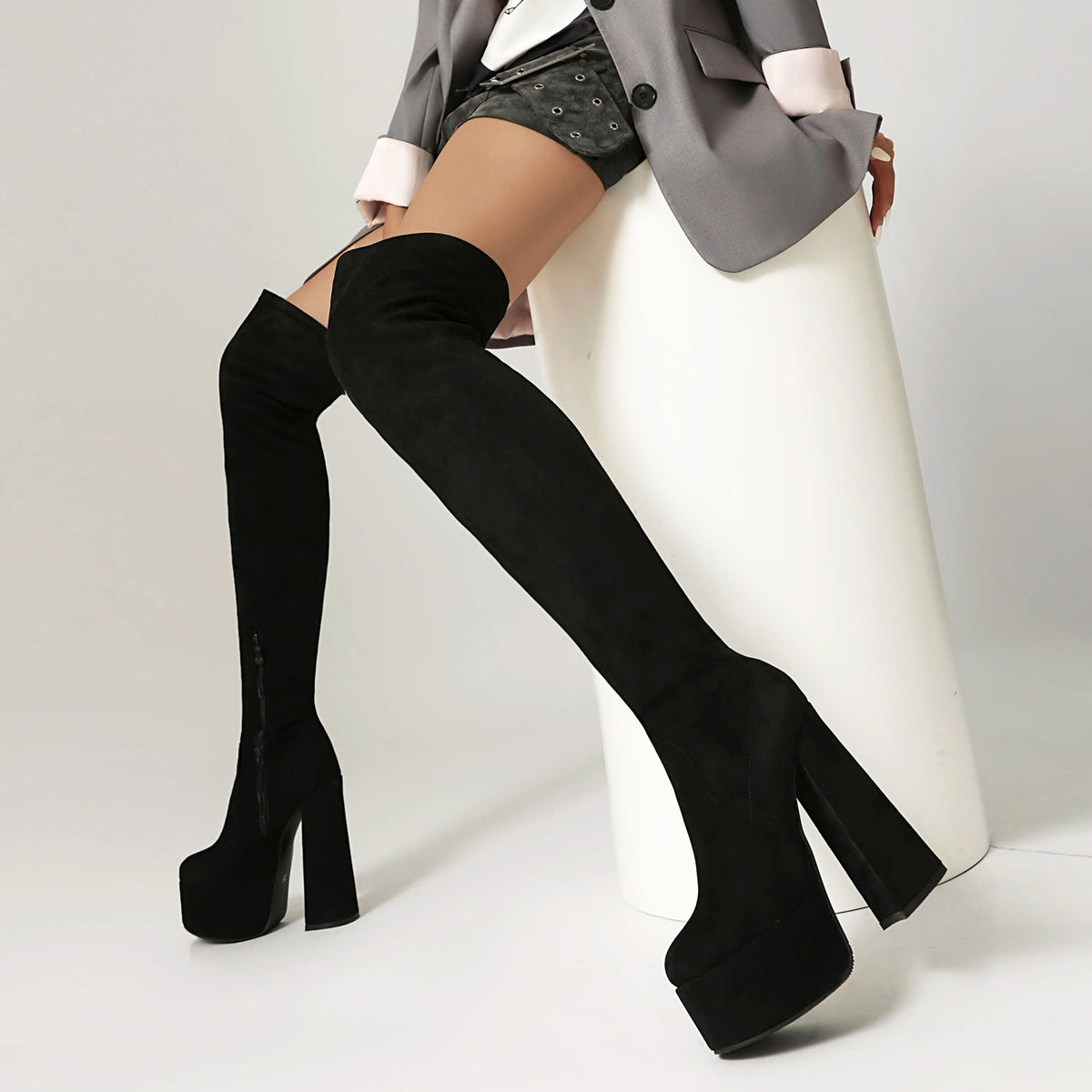 High-heeled Pointed-toe Waterproof Platform Boots With Chunky Heels
