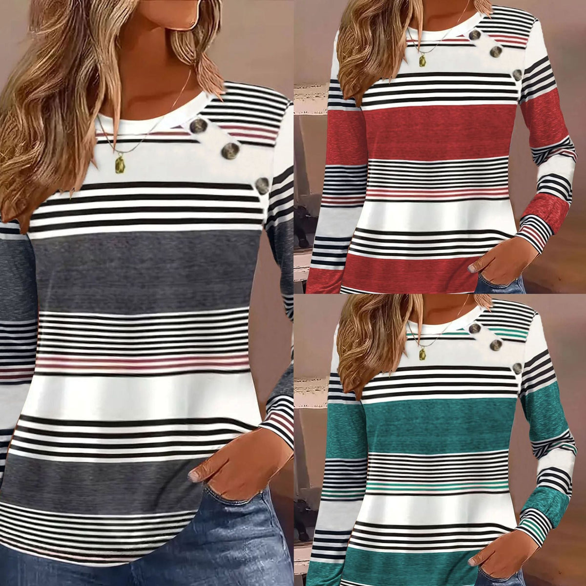 Casual Button Striped Long Sleeve Women's T-shirt
