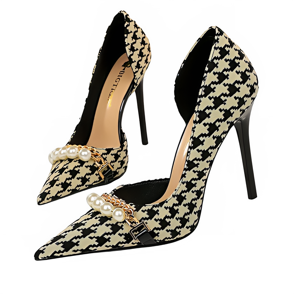 BIGTREE Shoes 2026 Spring Women Pumps Pearl Metal Chain High-heels Checked Grain Stilettos Women Heels Luxury Banquet Shoes 43
