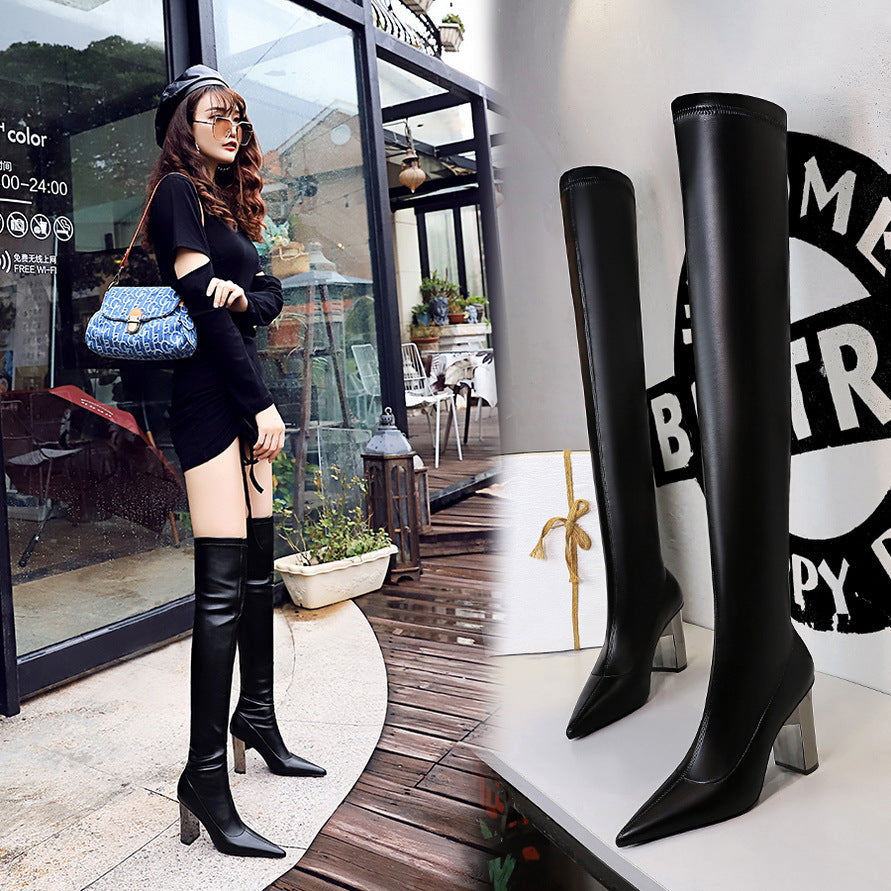Women Thigh High Shoes Pointed Toe Over Knee Boots Square Heels