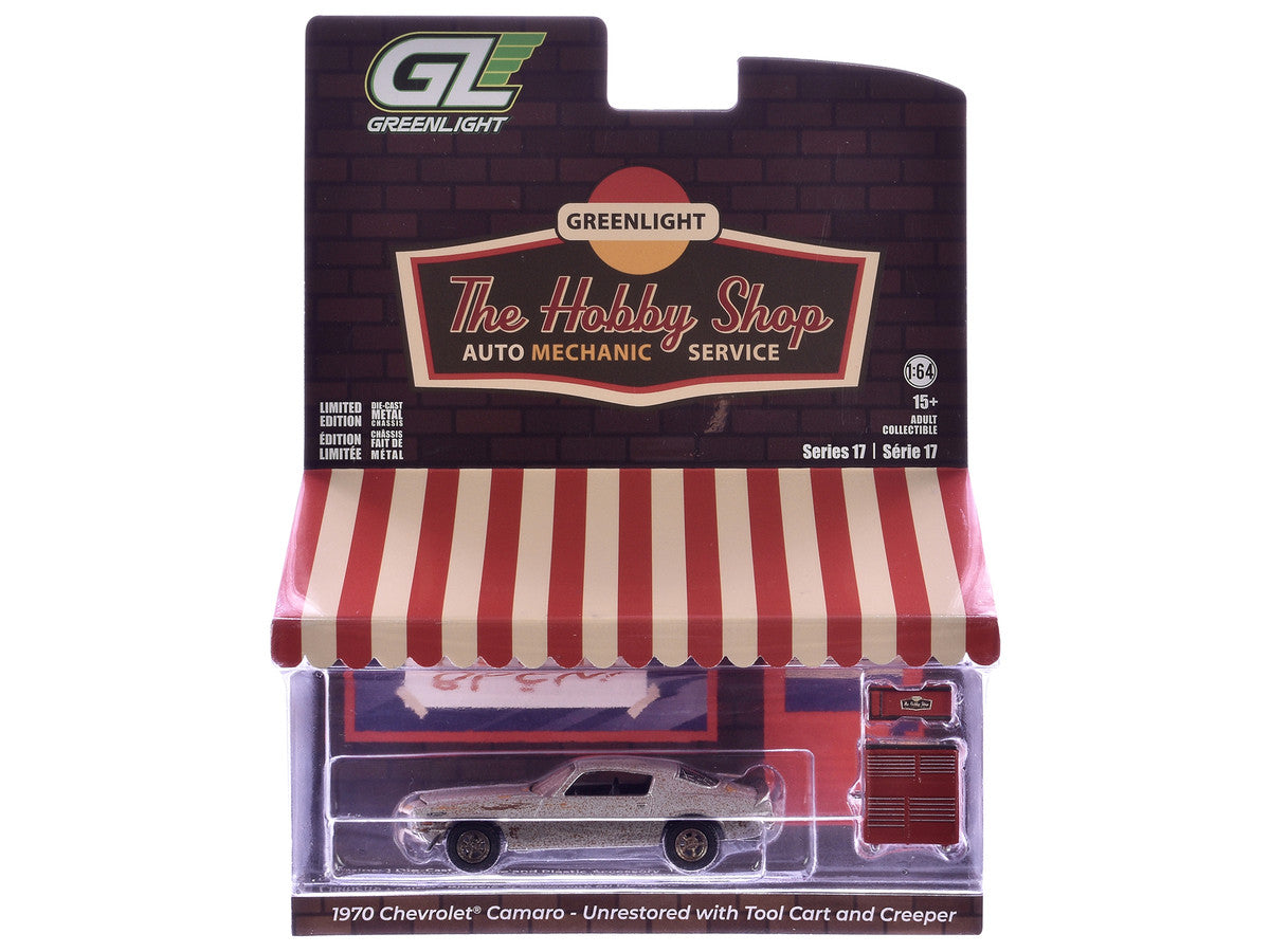 1970 Chevrolet Camaro Cortez Silver (Unrestored) with Tool Cart and Creeper "The Hobby Shop" Series 17 1/64 Diecast Model Car by Greenlight