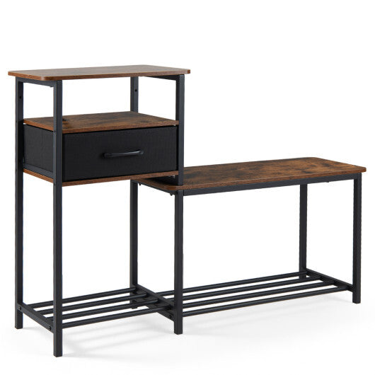 3-Tier Shoe Storage Rack Bench with Drawer and Metal Frame-Rustic Brown