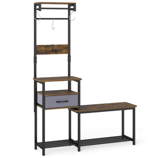 7-in-1 Hall Tree with Shoe Bench and Hooks and Removable Drawer for Entryway-Rustic Brown