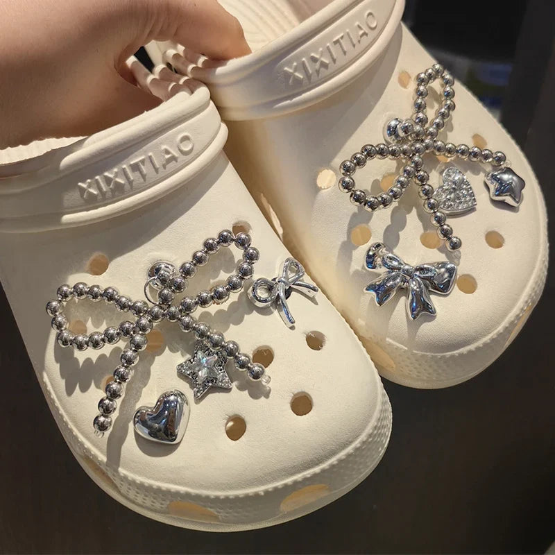 New Pearls Bowknot Shoes Charm Set 2026 Punk Heart Flowers DIY Shoe Accessories Ballet Style Silver Detachable Shoe Buckle Decor