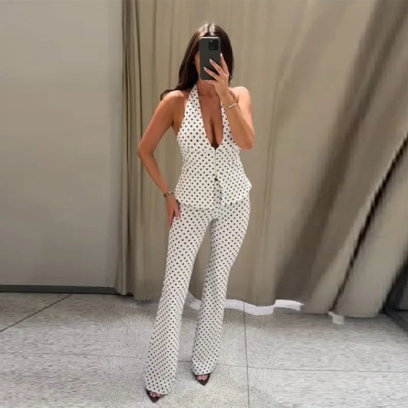 Retro Modern Polka Dot Set Halter Deep V Neck Vest Top Flared Pants Women Party Timeless Chic Female Classic Stylish Outfits