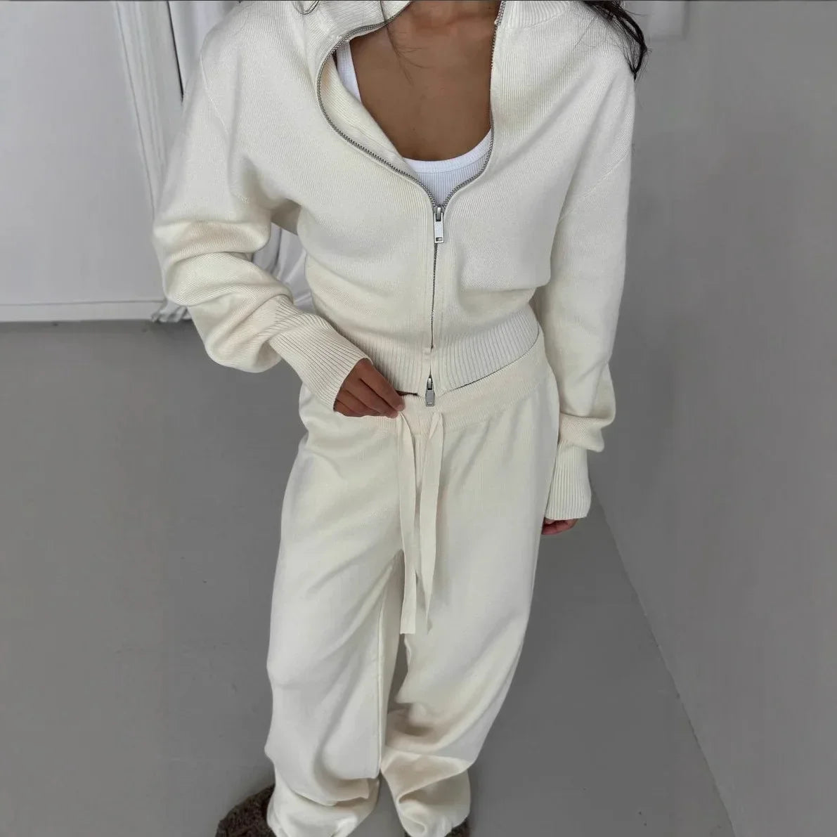 Women Cotton Knitted Cardigan Wide Leg Pants Suit Autumn and Winter Lady Fashion Loose Daily Office Jacket Straight Pants 2Pcs