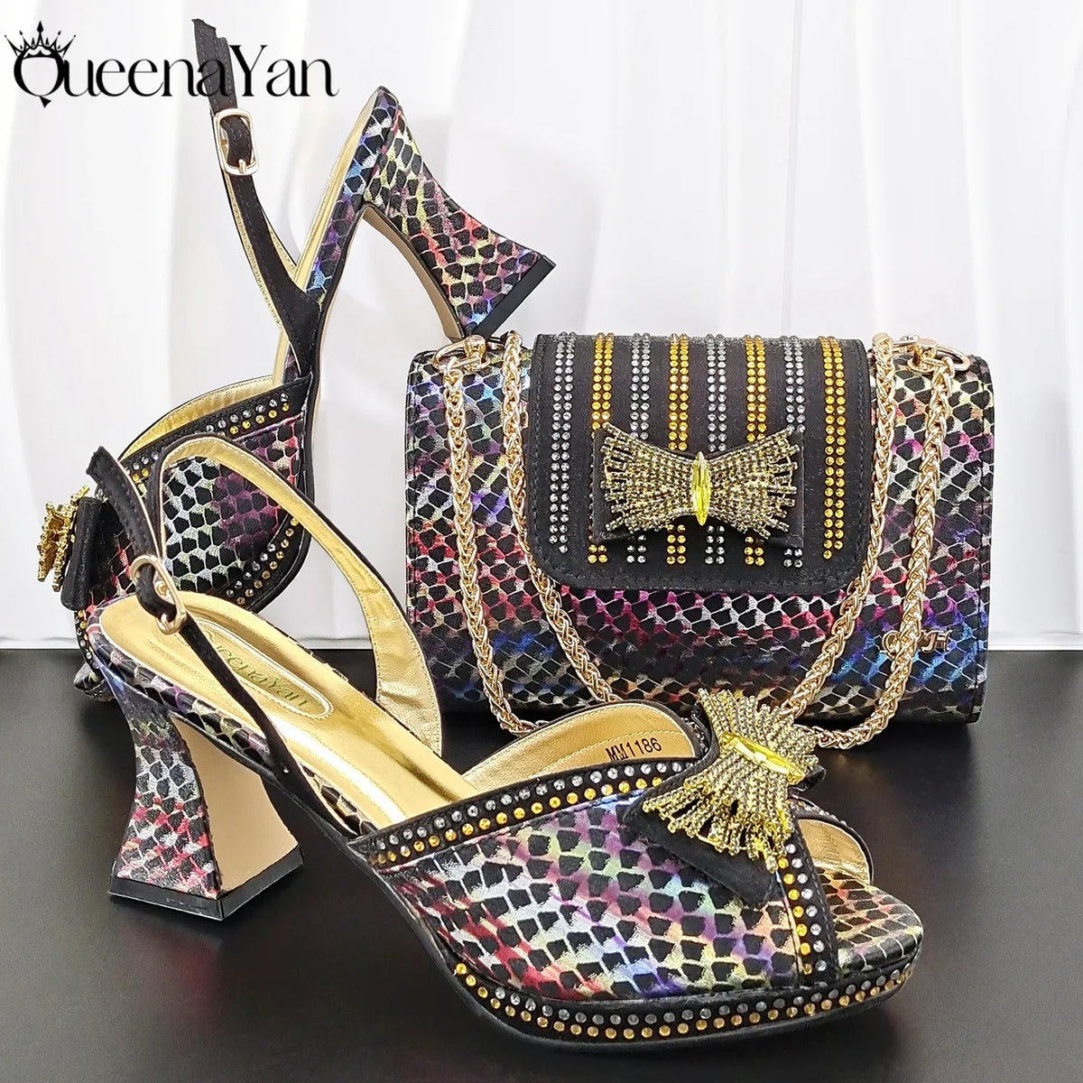 QueenaYan 2026 New Italian Pumps and Bag To Party INS Style Open-Toe Rhinestone Elegant High Heels for Women Party