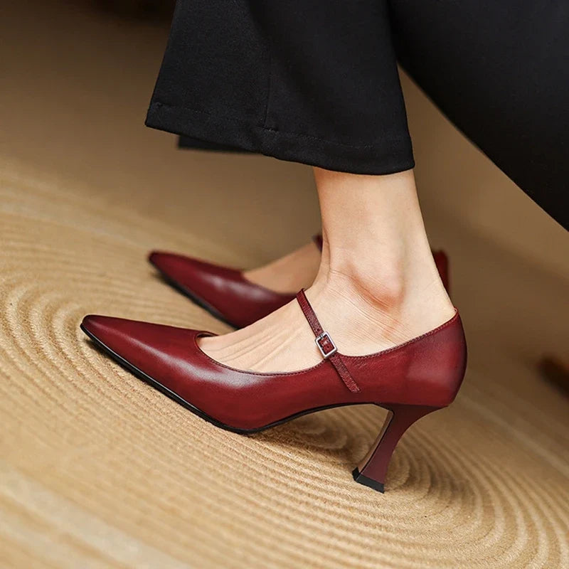 NEW Spring/Autumn Women Pumps Genuine Leather Shoes for Women Pointed Toe Thin Heel Shoes Shallow Buckle Strap Mary Janes Shoes