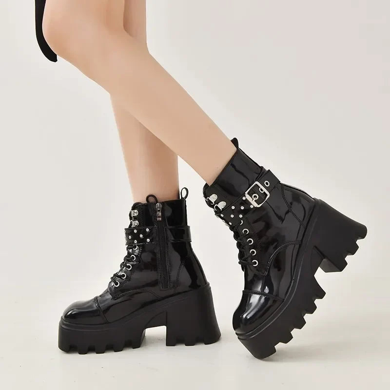 2024 Platform Thick Gothic Boots Lady Buckle Autumn Shoes Women Wedges Knee High Boots Punk Street Motorcycle Chain