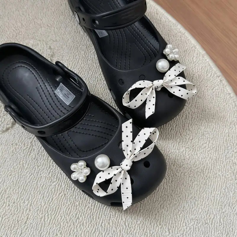 Elegant Polka Dot Bowknot DIY Shoes Charms Set 2026 New Luxury Faux Pearl Ballet Clogs Accessories Woman's Shoes Decorations