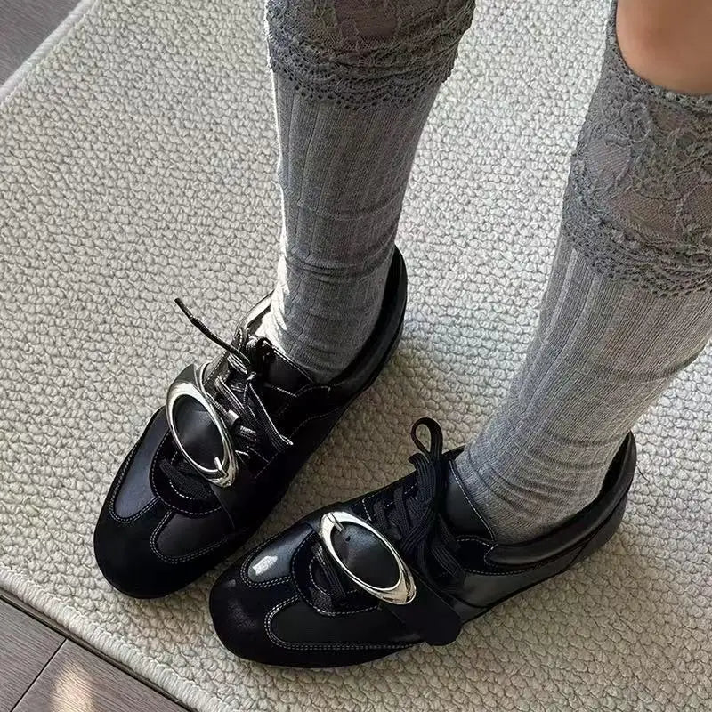 Korean Style Black Polka Dot Sneakers Women Spring 2026 Luxury Metal Decoration Designer Vulcanize Shoes Woman's Sports Shoes