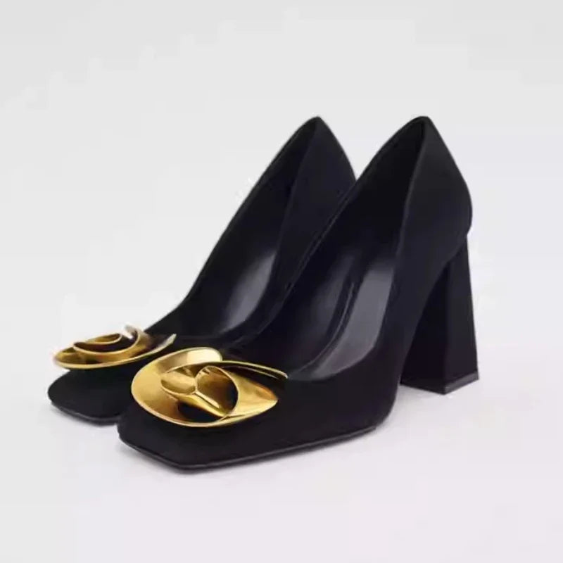 Vintage Elegant Women's Pumps Black Suede Leather Square Toe Block Heel, Gold Metal Flower Buckle Office Party Dress Shoes