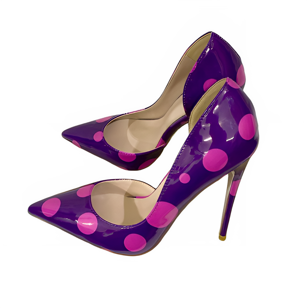 Veowalk Polka Dot Women Purple D'Orsay Side Cut Pointed Toe Stiletto Pumps Comfortable Elegant 8cm 10cm 12cm High Heel Shoes