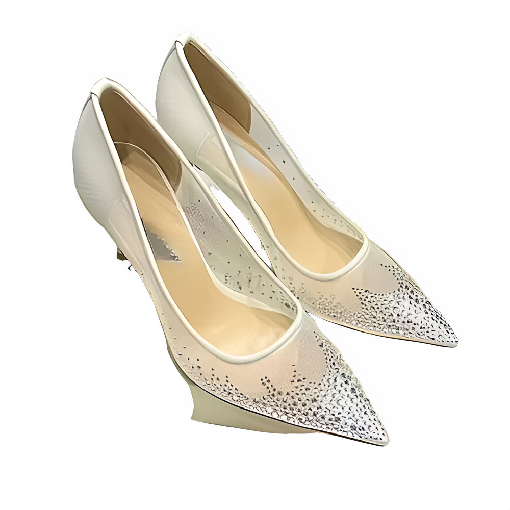 Women's high heels and single shoes for spring and summer new mesh diamond fashion banquet pointed women's shallow mouth shoes
