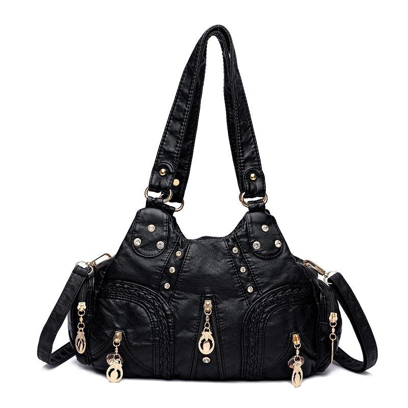 Washed Mother Bag with Rivets and Diamond Details