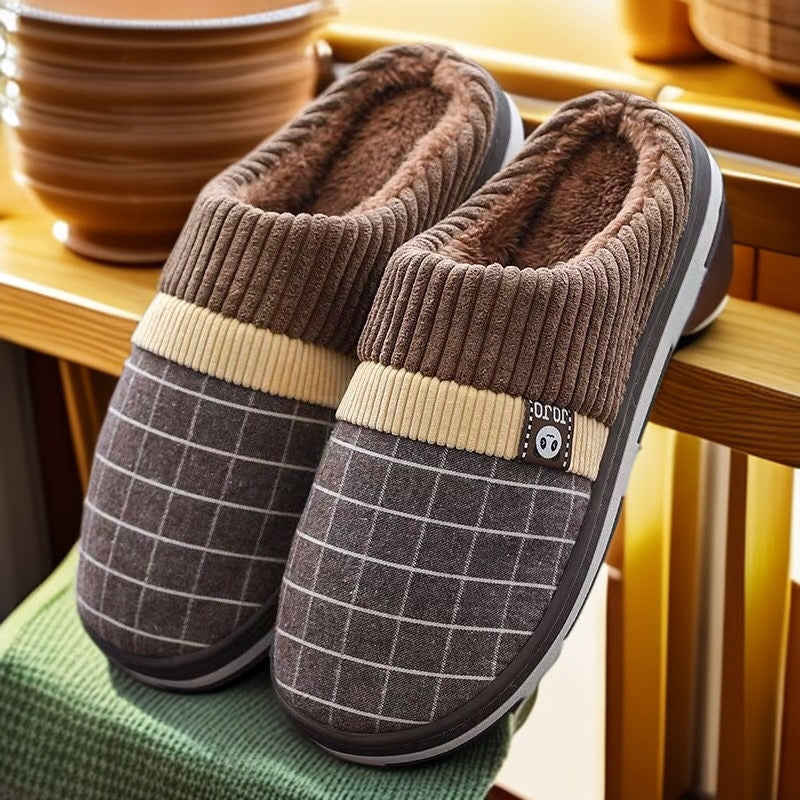 Mens Cotton Slippers For Winter Non-slip Warm And With A Thick Sole