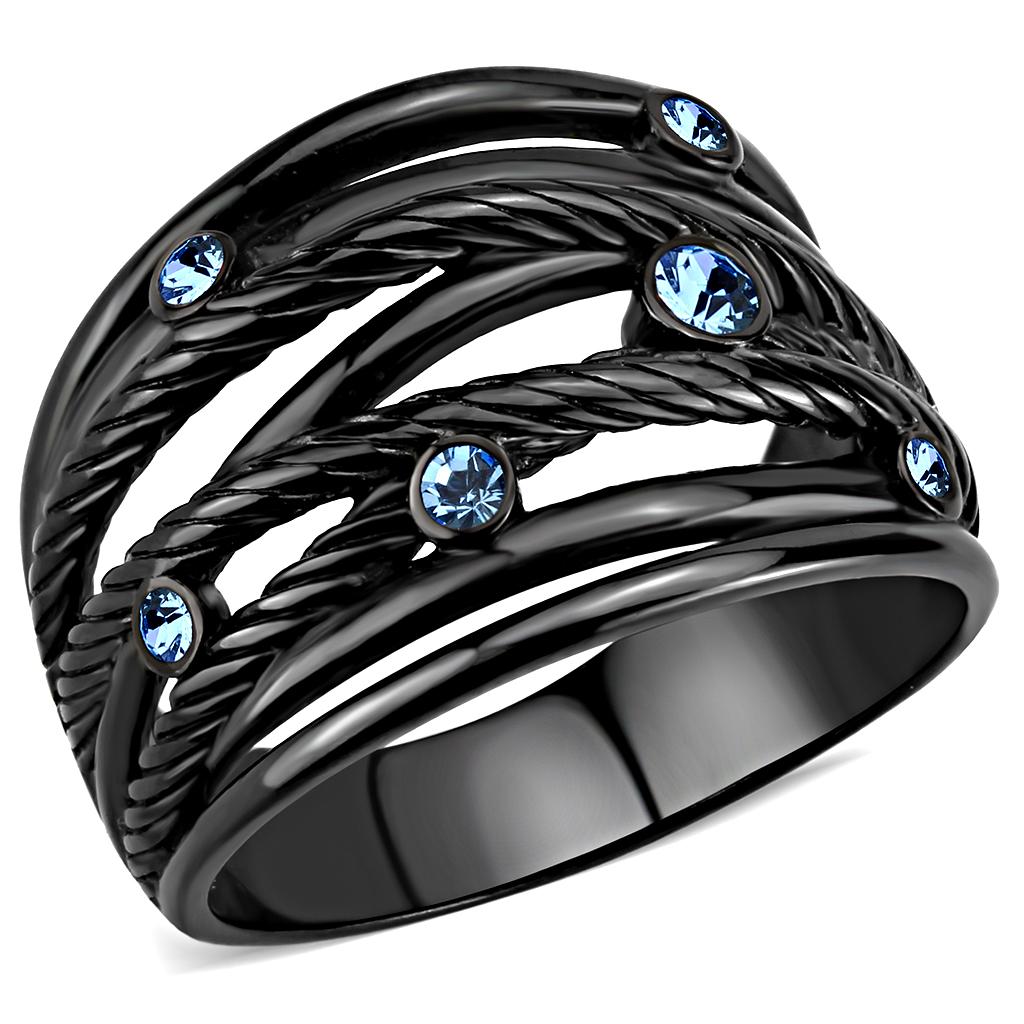 TK3564 - IP Black(Ion Plating) Stainless Steel Ring with Top Grade Crystal in Sea Blue