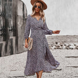 Autumn And Winter Floral Dress With Chest Wrap And Tie Large Swing Skirt Leisure Holiday Style