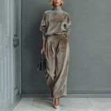 Casual Warm Velour Long-sleeved Solid Color High-neck Zipper Wide-leg Sportswear