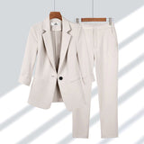 2pcs Casual Blazer Set Solid Color Lapel Single-breasted Jacket And Zipper Straight Pants Women's Office Business Suit