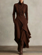 Women's Solid Color Cross-sleeve High-neck Dress