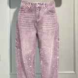 Ins Shiny Straight Jeans With Pockets Fashion Loose Wide-leg Pants For Women Street-style Trousers