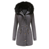 Women's Plush Hooded Parkas Winter Warm Thick  Zip-up Jackets Casual Mid-length Solid Buckle Pockets Coat Outerwear Clothing