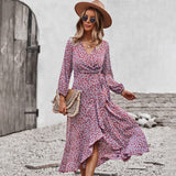 Autumn And Winter Floral Dress With Chest Wrap And Tie Large Swing Skirt Leisure Holiday Style