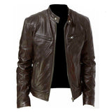 Men's Zip-up Cardigan PU Leather Jacket Fashion Pockets Stand Collar Short Tops Clothing