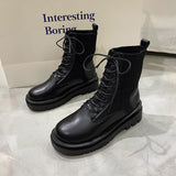 Women's Solid Color Low-Top Autumn Front Lace-up Round-Toe Thick-Heeled High-Top Black Martin Boots