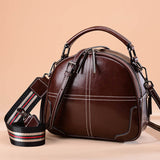Classic Leather Handbag for Women - Round Two-Layer Cowhide Purse with Double Soft Handles (Wine Red/Black/Brown, 21x18.5x9cm)