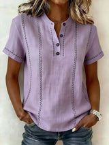 Summer Striped Short-Sleeve Shirts Casual Stand-Collar V-neck Button Blouse Womens Clothing