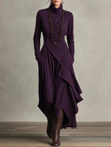 Women's Solid Color Cross-sleeve High-neck Dress