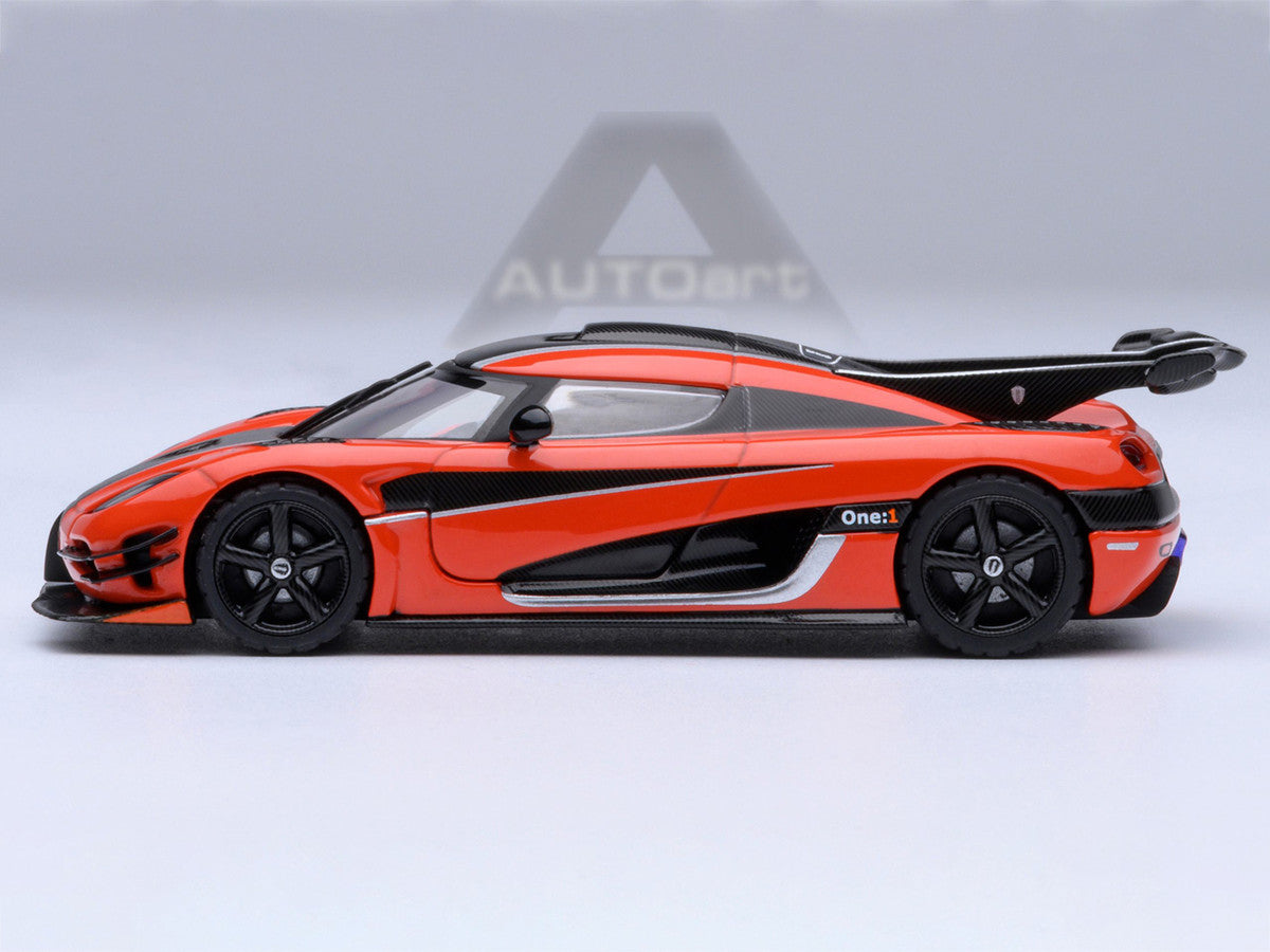 Koenigsegg One:1 Lava Orange with Carbon and Silver Stripes 1/64 Model Car by Autoart
