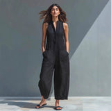 Summer Sleeveless Jumpsuit With Pockets Fashion Casual V-Neck Buttons Trousers Women's Overall Pants