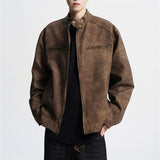 Vintage Brown Motorcycle Leather Autumn Merard Stand-up Collar Distressed Coat