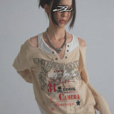 Vintage Print Off Shoulder Long Sleeve T-Shirt