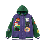 Lamb Wool Stitching Contrast Color Cartoon Cloth Embroidered Cotton-padded Coat