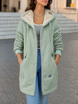 Winter Fleece Hooded Jacket Fashion Casual Zip-up Pockets Long Sweatshirt Warm Commuter Women's Clothing