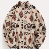 Boho Geometric Print Polar Fleece Coat - Ultra-Soft Plush Loose Fit Jacket with Fur Collar (Apricot/Caramel/Green)