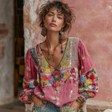 Women's Casual Vintage Bohemian V-neck Top With Ethnic-style Long Sleeves
