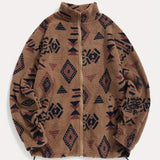 Boho Geometric Print Polar Fleece Coat - Ultra-Soft Plush Loose Fit Jacket with Fur Collar (Apricot/Caramel/Green)