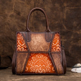 Vintage Tree Embossed Leather Handbag - First Layer Cowhide Retro Women's Purse with Floral Hand-Painting (25x23x11cm)