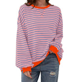 Women's Striped Embroidered Stitching Color-inserted Pullover Sweater
