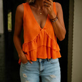 SpringSummer Womens Solid-Colored V-Neck Ruffled Sleeveless Top Vest