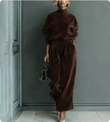 Casual Warm Velour Long-sleeved Solid Color High-neck Zipper Wide-leg Sportswear