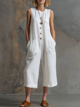 Retro Sleeveless Cotton-Linen Wide-Leg Cropped Jumpsuit