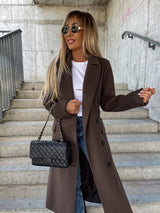 Double-breasted Lapel Split Jacket With Belt Winter Fashion Casual Long Sleeve Button Daily Coats For Women Clothing