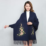 Embroidered Shawl with Sleeves - Women's Winter Wearable Blanket Cape - 3D Floral Print, Soft Viscose Blend